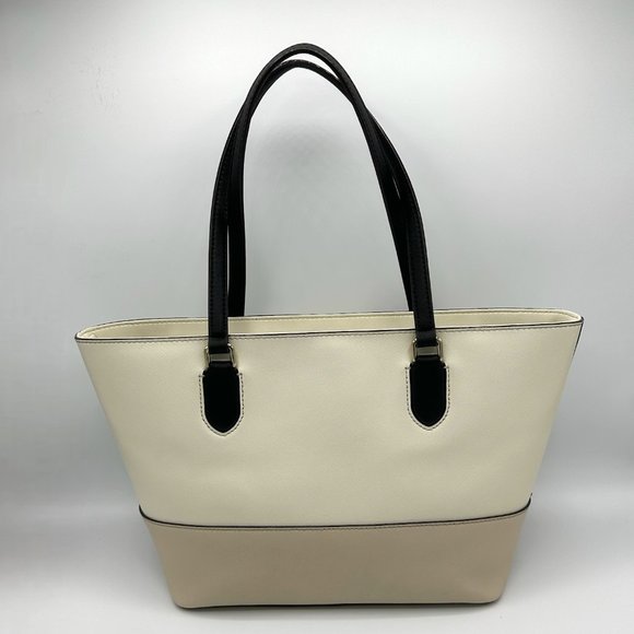 EUC Kate Spade Beige/Ivory/Black Colorblock Zip-Top Leather Tote + Bag Charm - Picture 5 of 16